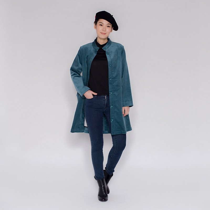 Last known activists collar flannel coat Mandarin Collar Corduroy Coat blue-green - Women's Casual & Functional Jackets - Cotton & Hemp 