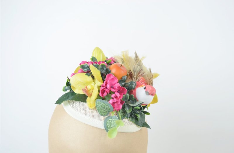 Bright Orchids and Red Bird Headpiece Fascinator - 髮圈/髮夾 - 其他材質 多色