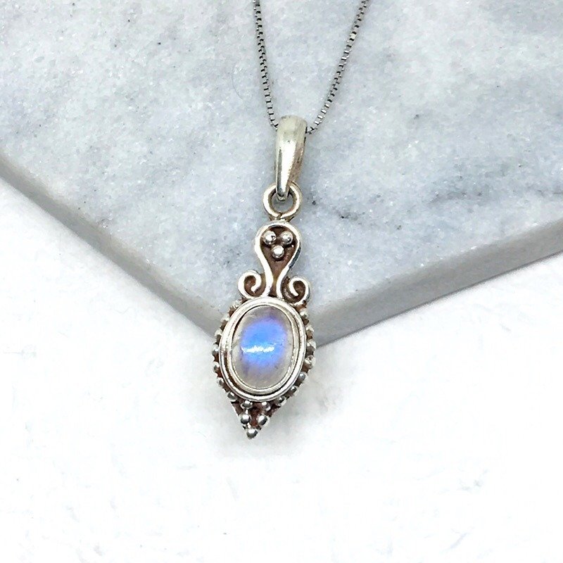 月光石925純銀異國古典設計項鍊 尼泊爾手工鑲嵌製作 - 項鍊 - 寶石 藍色