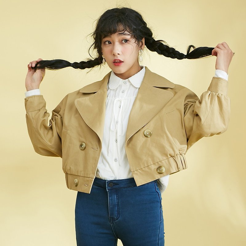 Anne Chen 2018 spring new women's shirt suit collar short jacket - เสื้อแจ็คเก็ต - ผ้าฝ้าย/ผ้าลินิน สีกากี