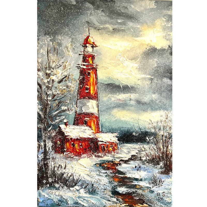 Lighthouse Painting Original Art Oil Painting on Canvas 30x20 cm. - ตกแต่งผนัง - ผ้าฝ้าย/ผ้าลินิน หลากหลายสี