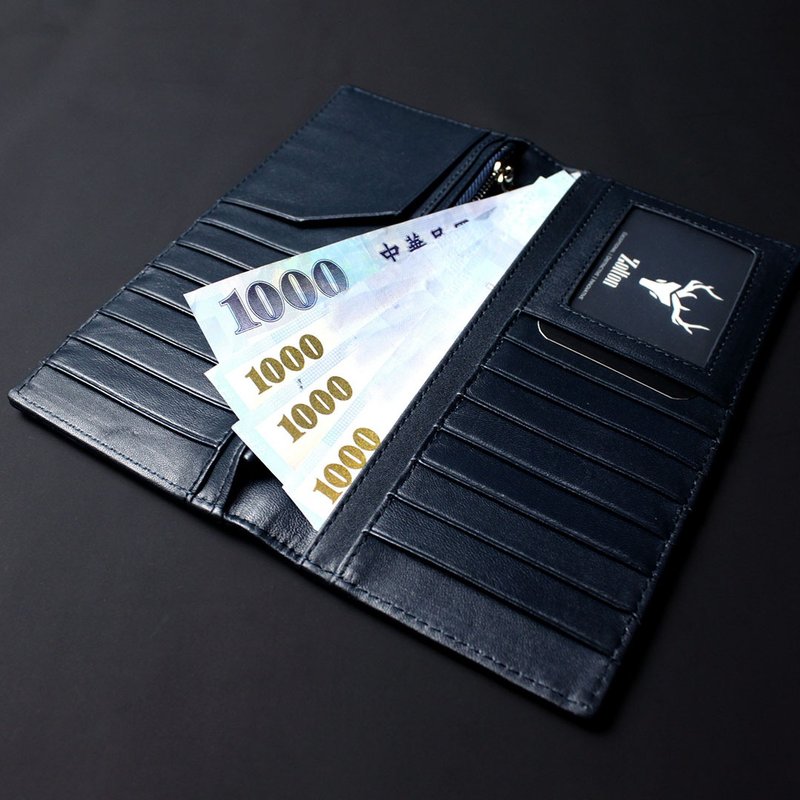 Genuine Leather Wallets Blue - Warden series leather long wallet large capacity thin long clip blue custom lettering custom lettering