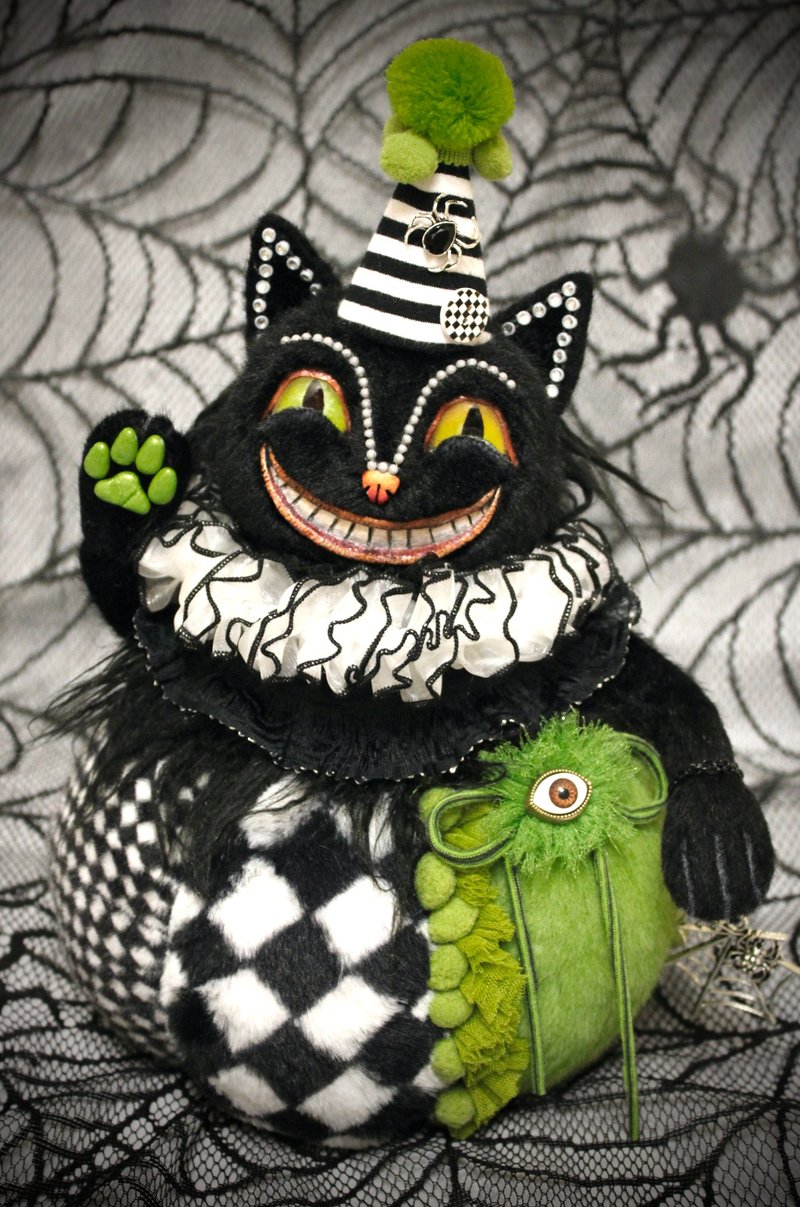 In stock. Black cat. Halloween pumpkin artist stuffed cat toy, ooak doll, teddy. - 公仔/玩偶 - 聚酯纖維 綠色