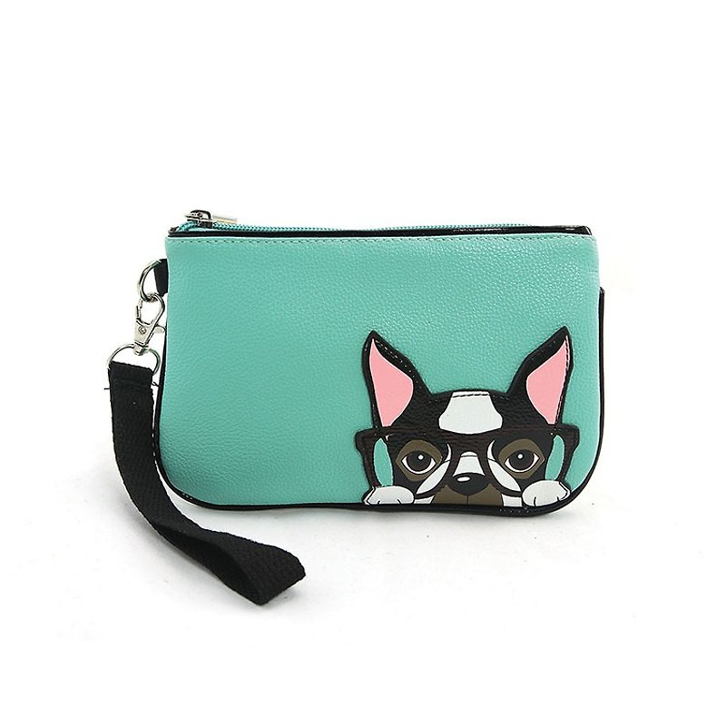 Sleepyville Critters - Nerdy Boston Terrier Wristlet - Toiletry Bags & Pouches - Faux Leather Blue