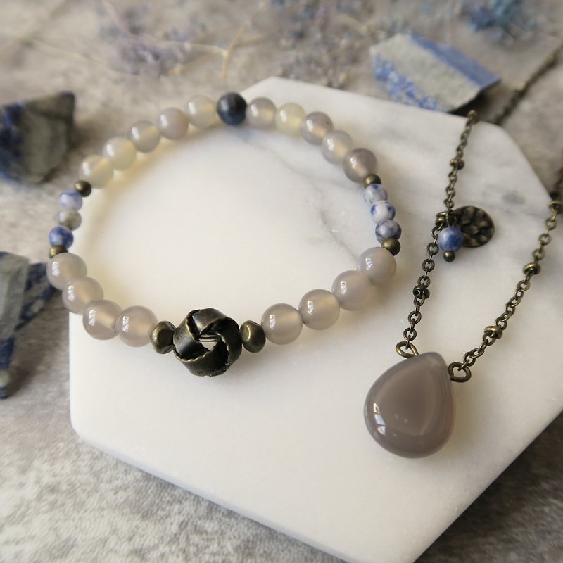 優惠之選 -- 灰瑪瑙 藍紋石(蘇打石) 水滴 項鍊 +手鍊 中性 禮物 - 項鍊 - 寶石 灰色