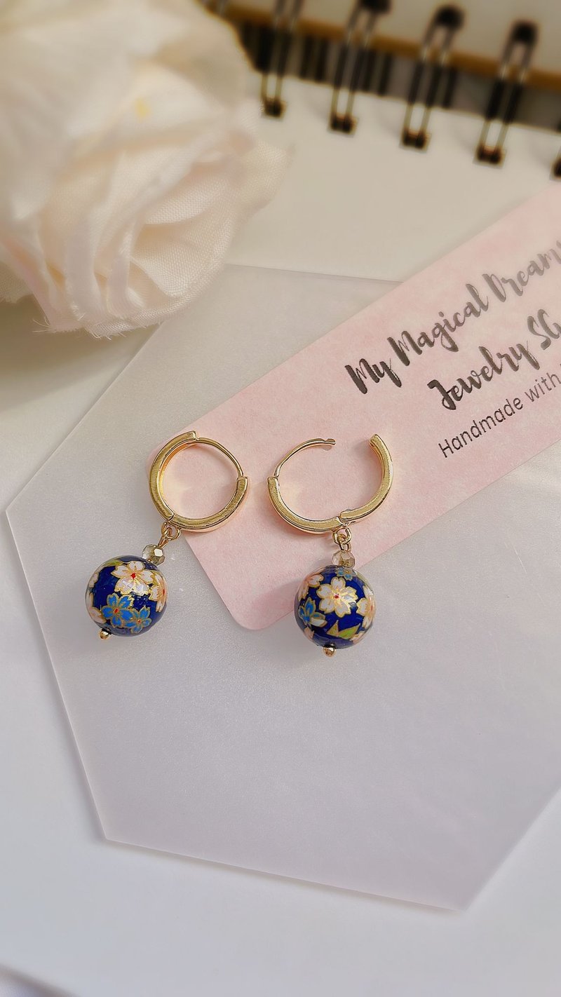 Sakura/Cherry Blossom Japanese Tensha Blue Gold Earrings | 24K Gold - Earrings & Clip-ons - 24K Gold 