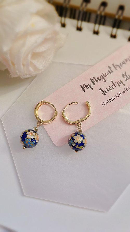 My Magical Dreams Jewelry Sakura/Cherry Blossom Japanese Tensha Blue Gold Earrings