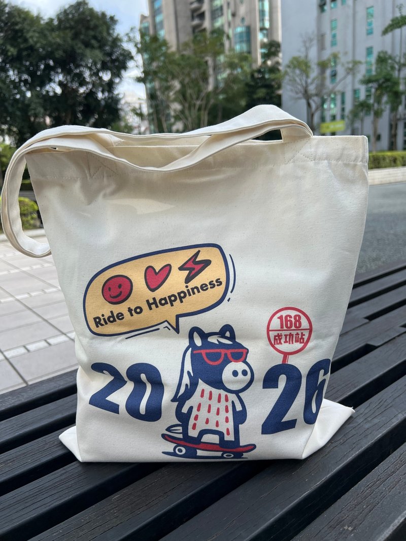 馬到成功キャンバスバッグ - 青い馬 / 両面印刷薄手コットンキャンバスバッグ / 文学系カジュアル - トートバッグ・ハンドバッグ - コットン・麻 ホワイト