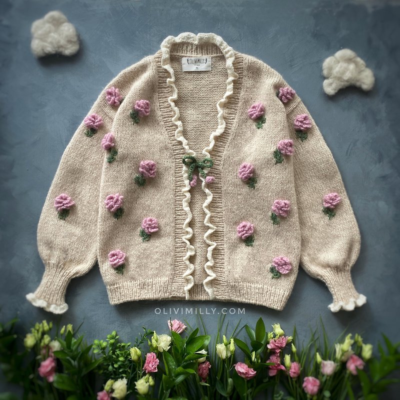 Roses Adult cardigan, hand knitted cardigan with embrodery - Women's Sweaters - Wool Gold