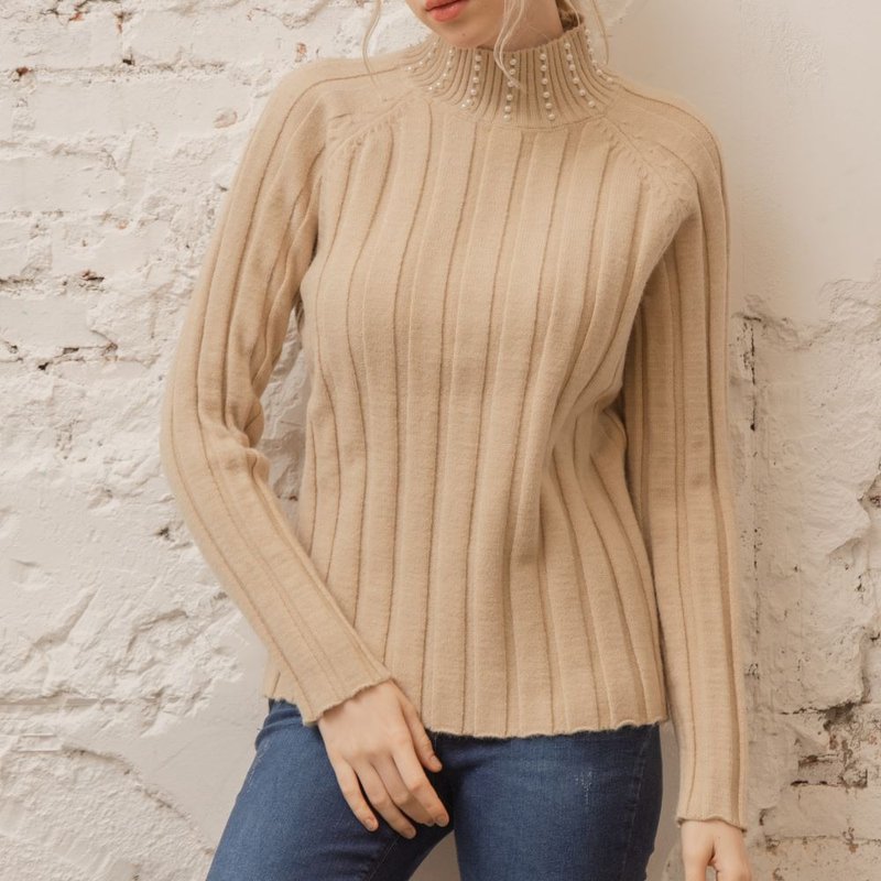 釘珠坑條微高領毛衣   咖 - 女毛衣/針織衫 - 聚酯纖維 咖啡色