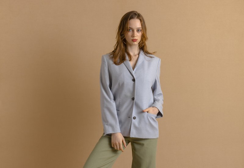 Vintage 90s Laurel Escada Light Blue Woolmark Long Blazer 7485 - 女西裝外套 - 羊毛 藍色