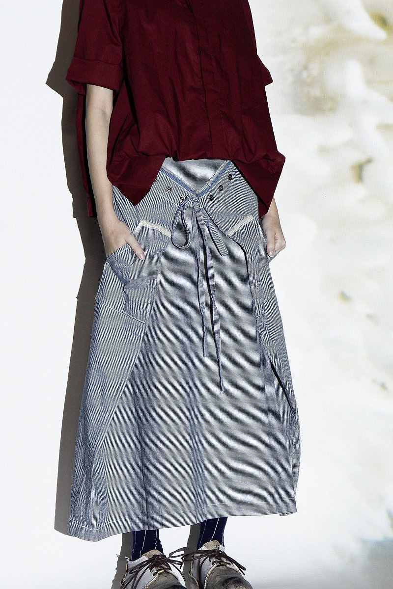 Sea _ circulation folding belt dress - Skirts - Cotton & Hemp Blue