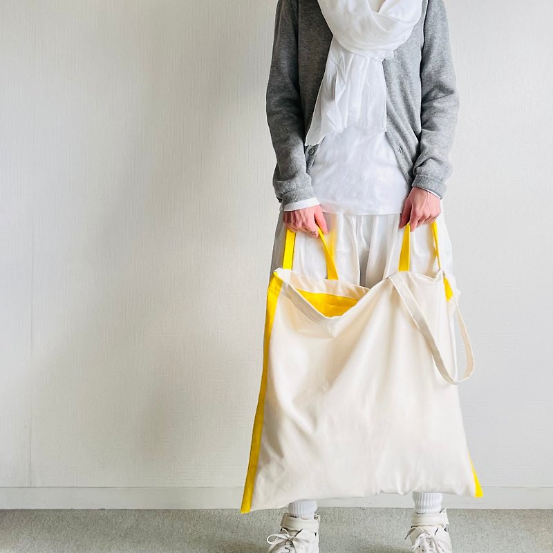 2-way bi-color tote bag with misaligned handle L size [color scheme order possible] cotton - กระเป๋าถือ - ผ้าฝ้าย/ผ้าลินิน สีเหลือง