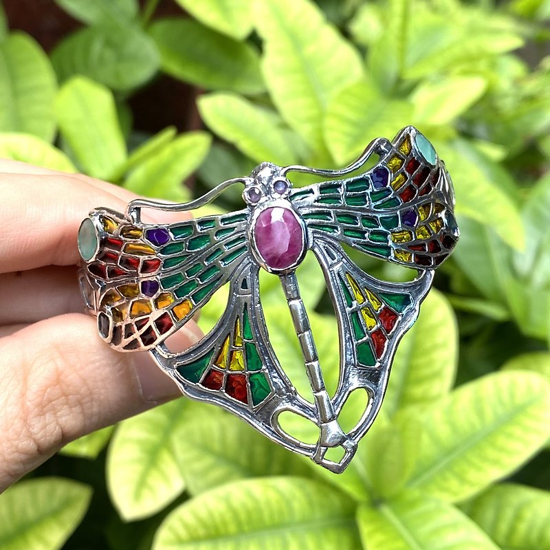 Plique a Jour Enamel Dragonfly Bracelet with Ruby Stone 925 Sterling Silver