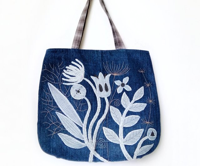 Chestnut Party - Letter Embroidered Denim Tote Bag / Bag Charm