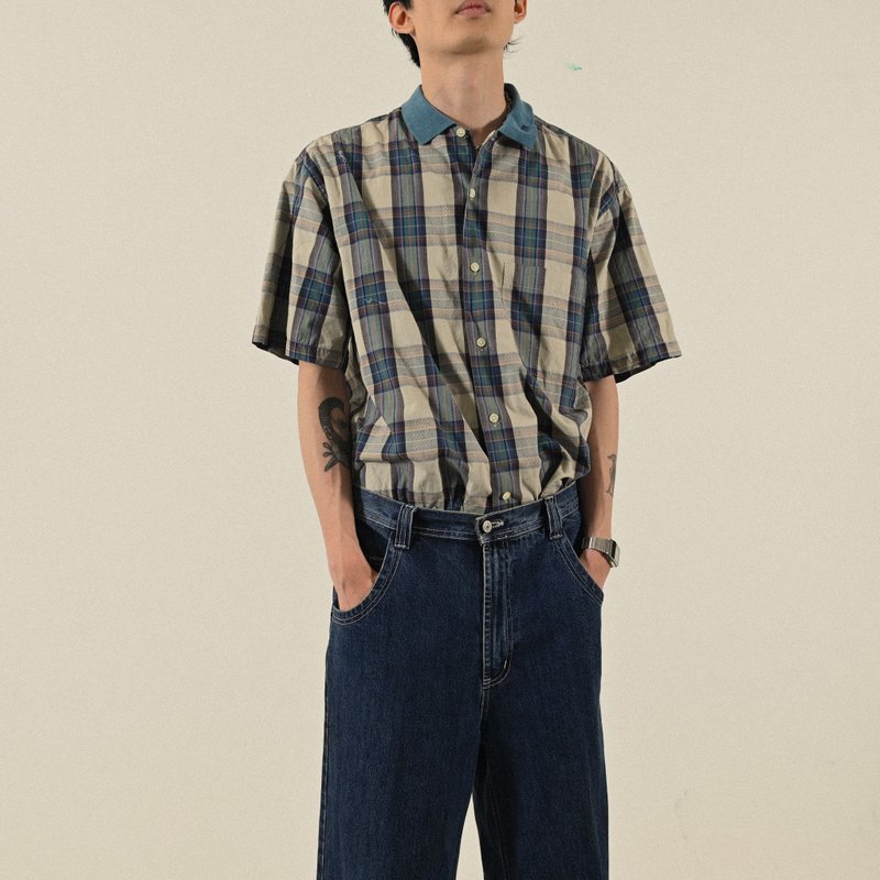 【NaSuBi Vintage】經典輪廓格紋短袖古著襯衫 - 男襯衫/休閒襯衫 - 其他人造纖維 