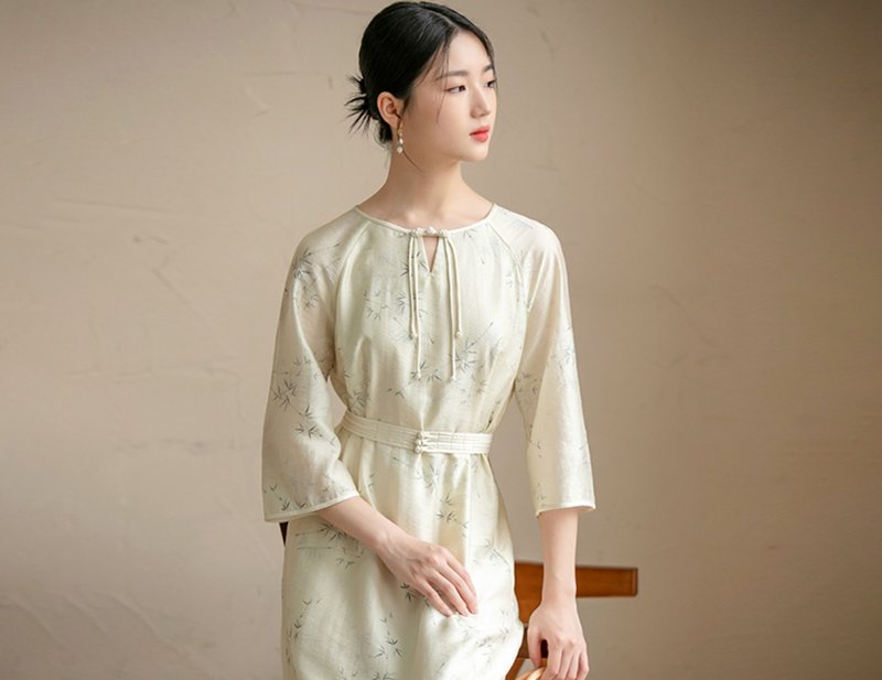 新中式 收腰優雅茶服復古印花日常洋裝 - 洋裝/連身裙 - 絲．絹 綠色