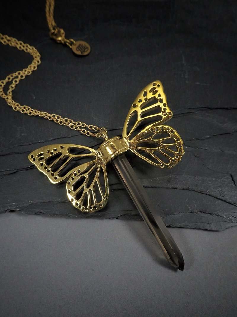 Butterfly Wings with Smoky Quartz Necklace Available in 3 Colourways - สร้อยคอ - โลหะ 
