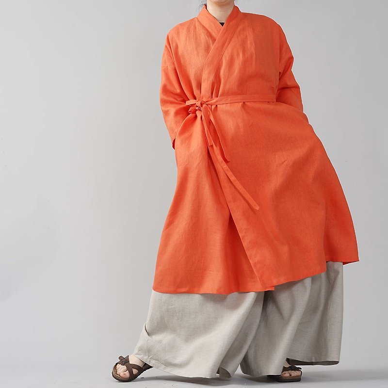 wafu - 亞麻長版外套 Midweight Linen KIMONO Collar Robe / Vermilion h037g-vmi2 - เสื้อแจ็คเก็ต - ลินิน สีส้ม