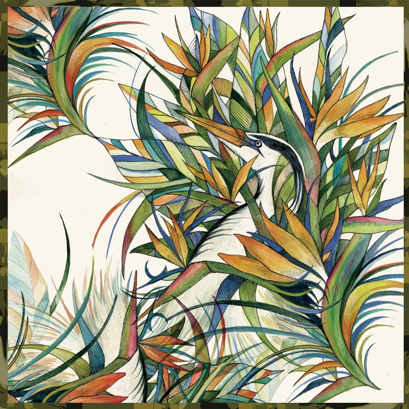 50cm角_silkscarf_サギとストレチア柄のスカーフ　ChristalART - 手帕 - 其他材質 橘色