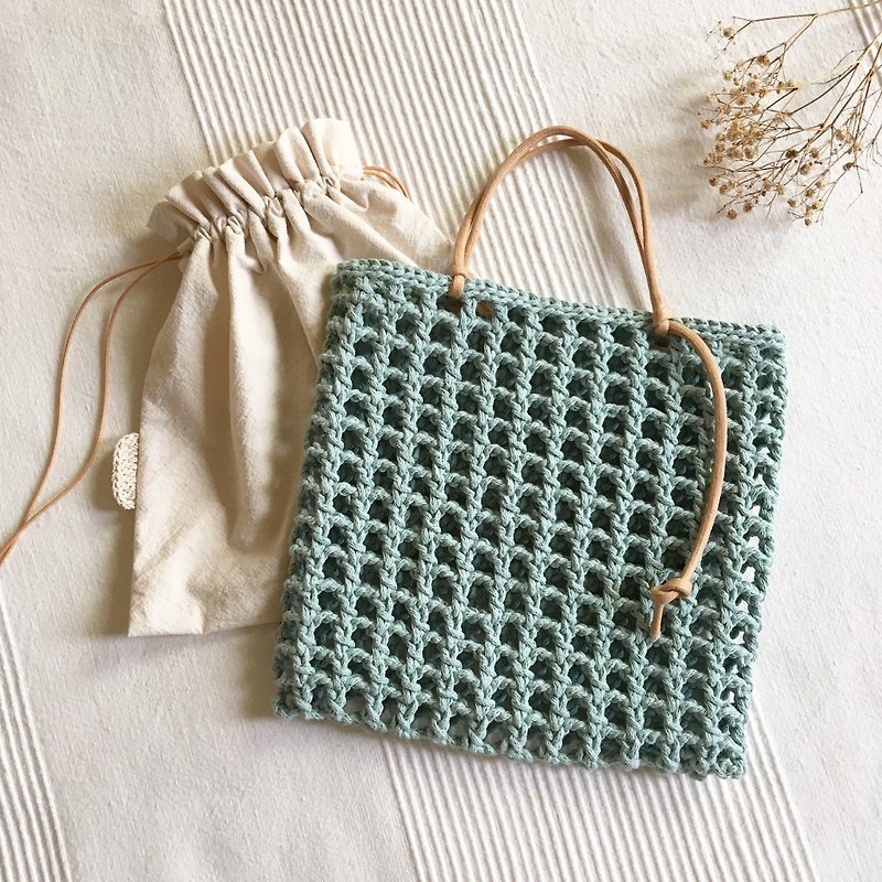 hm2. Pure cotton light lake blue checkered woven bag - Handbags & Totes - Cotton & Hemp Blue