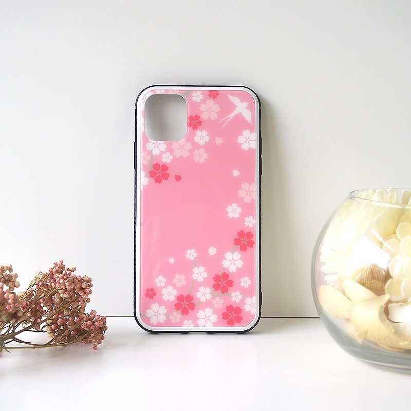 【強化ガラスiPhoneケース】桜と燕 - スマホケース - プラスチック ピンク