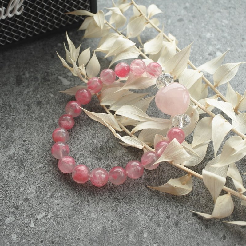 Rain of Hearts:: Rose Glowing Cherry Blossom Rain, White Quartz, Rose Quartz Love Bracelet - สร้อยข้อมือ - คริสตัล สึชมพู