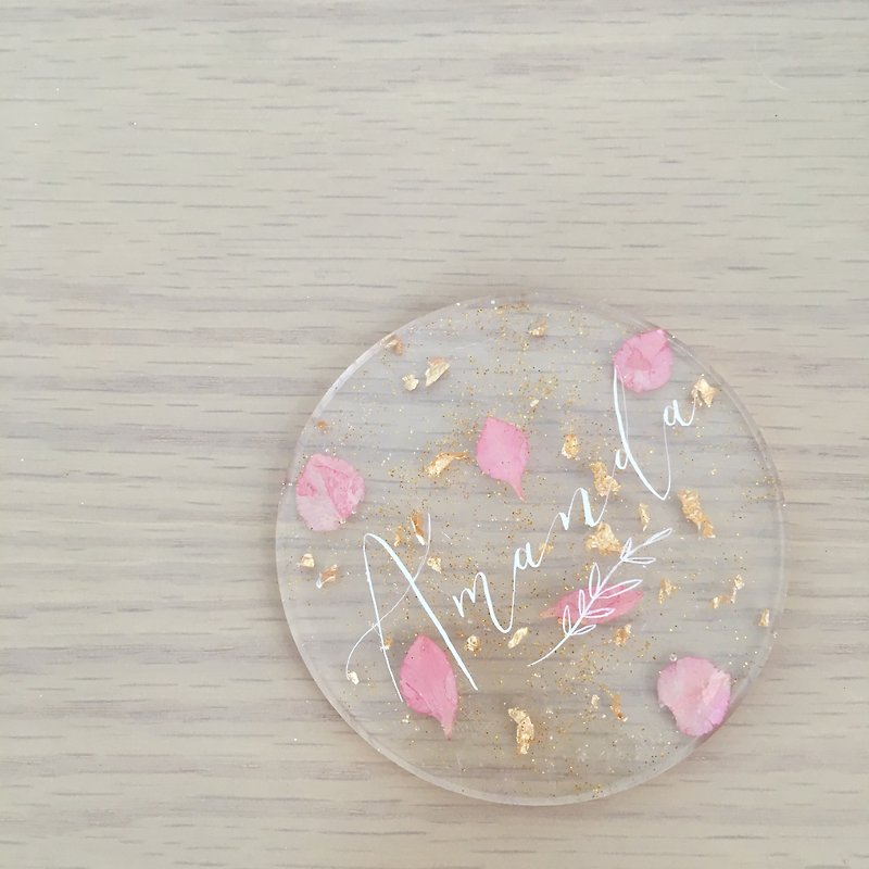Transparent English calligraphy dried flower coaster - Other - Plastic Pink