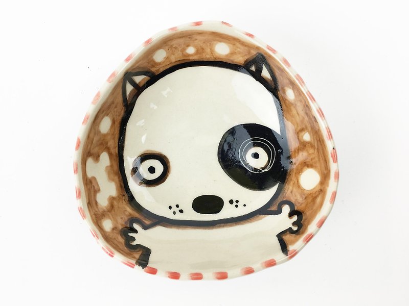 Nice Little Clay hand-painted small plates _ cute black wheel dog 112539 - จานเล็ก - ดินเผา สีนำ้ตาล
