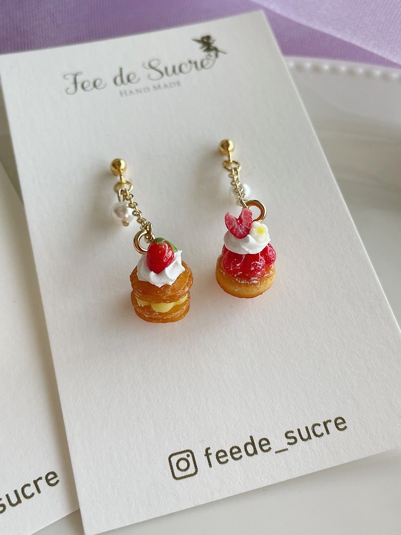 Miniature strawberry tart and millefeuille earrings - Earrings & Clip-ons - Clay 