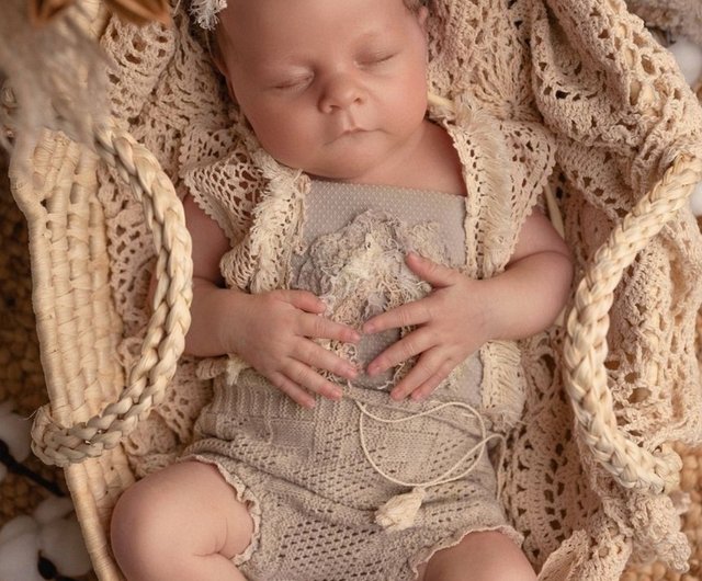 Boho beige girl outfit, Newborn Dress, boho headband, Newborn lace 2024 set, baby girl lace outfit ,Newborn photography props