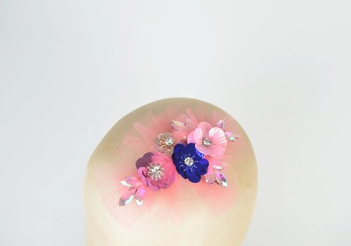 Elle Santos Hair Accessory Pink, Blue, Rose Gold & Silver Jewel Diamond Flowers Tulle Veil