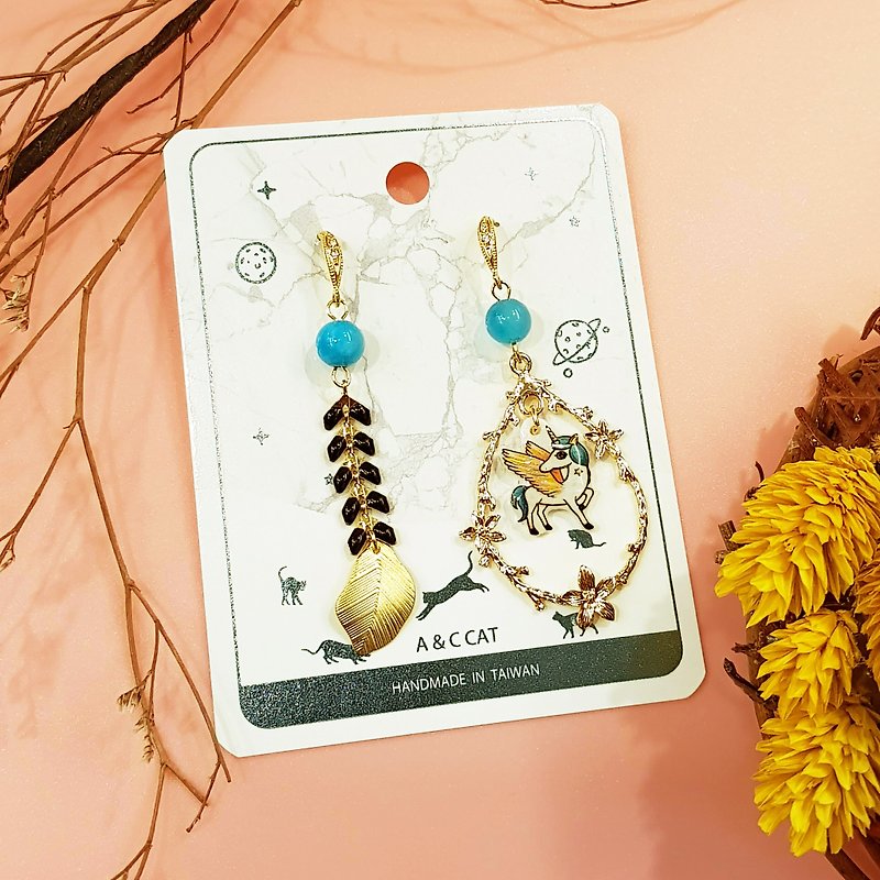 Handy Cat x City Cat Illustration Childlike Colorful Earrings Unicorn Pegasus Forest Animal Series - Earrings & Clip-ons - Other Materials Orange