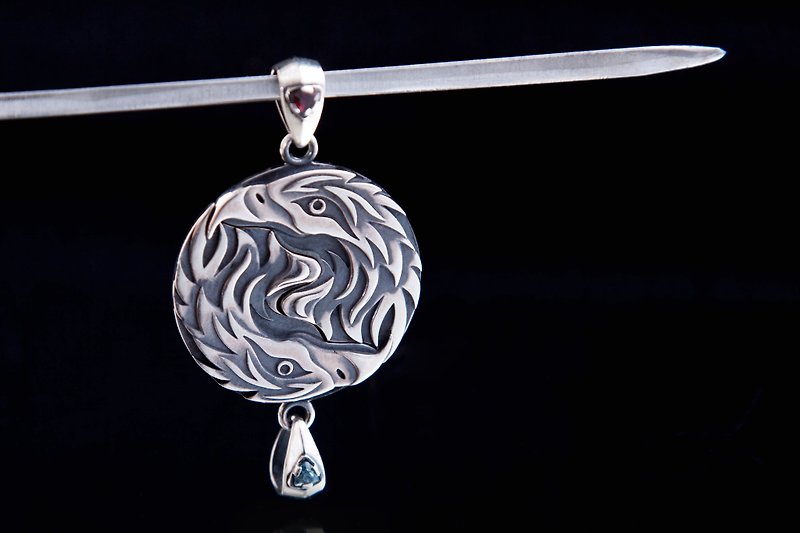 Silver paired Eagles pendants with stones - Necklaces - Sterling Silver Silver