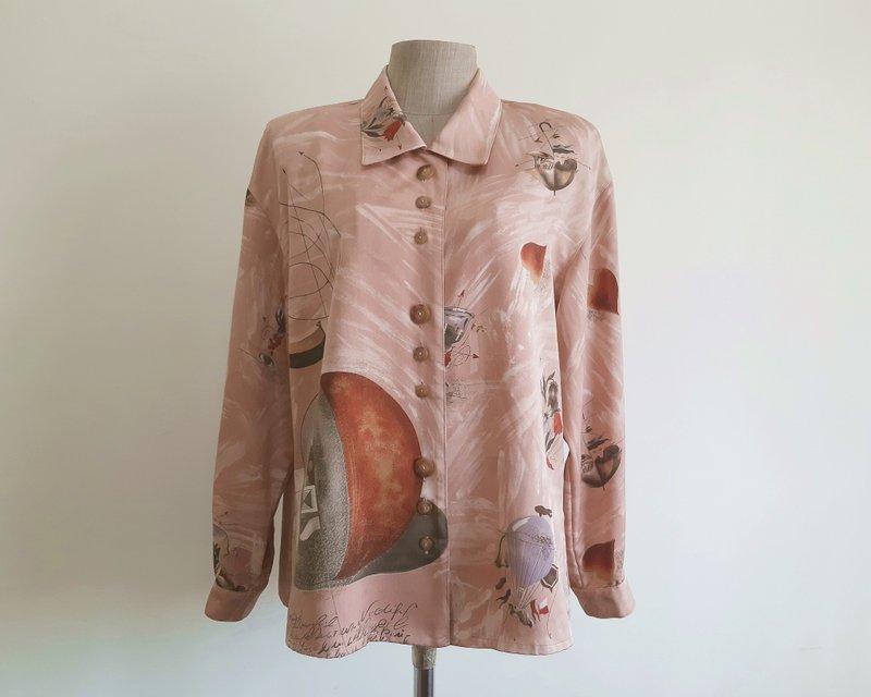 Large Vintage Brown Novelty Print Shirt Womens Long Sleeve Button Up Shirt L - 女上衣/長袖上衣 - 聚酯纖維 咖啡色
