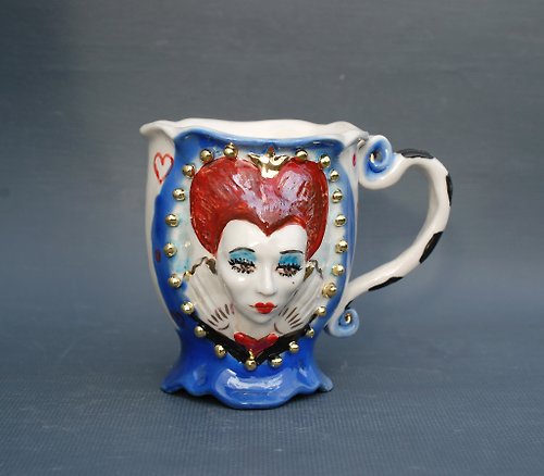 PorcelainShoppe Handmade porcelain mug Queen of Hearts Handmade ceramics, face mug, Drink Me