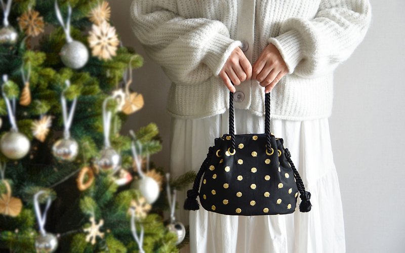 最後の1点  チュール刺繍ドット 2wayマリンバッグ 　ゴールド　クリスマスギフト・ご褒美にも - 手提包/手提袋 - 棉．麻 黑色