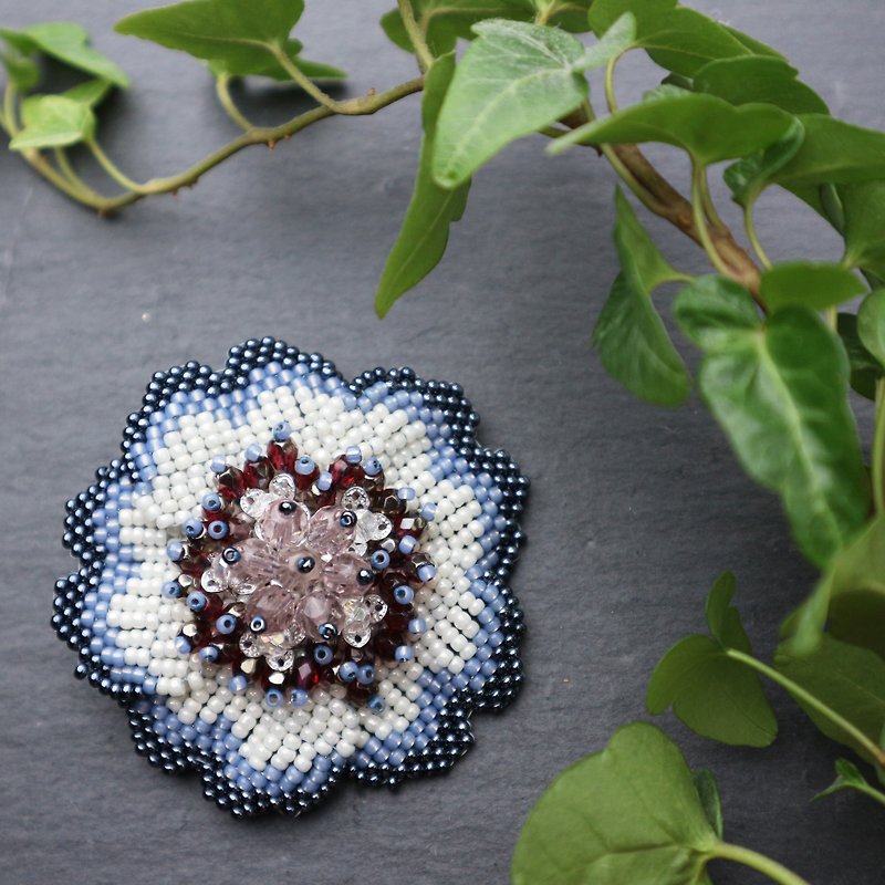 Beaded Flower Brooch (Blue) - Brooches - Glass Blue