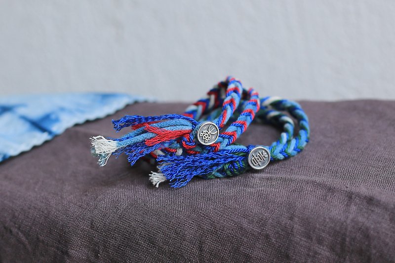 Original handmade custom plant blue dye s925 happy silver buckle double circle bracelet couple retro art - Bracelets - Cotton & Hemp 