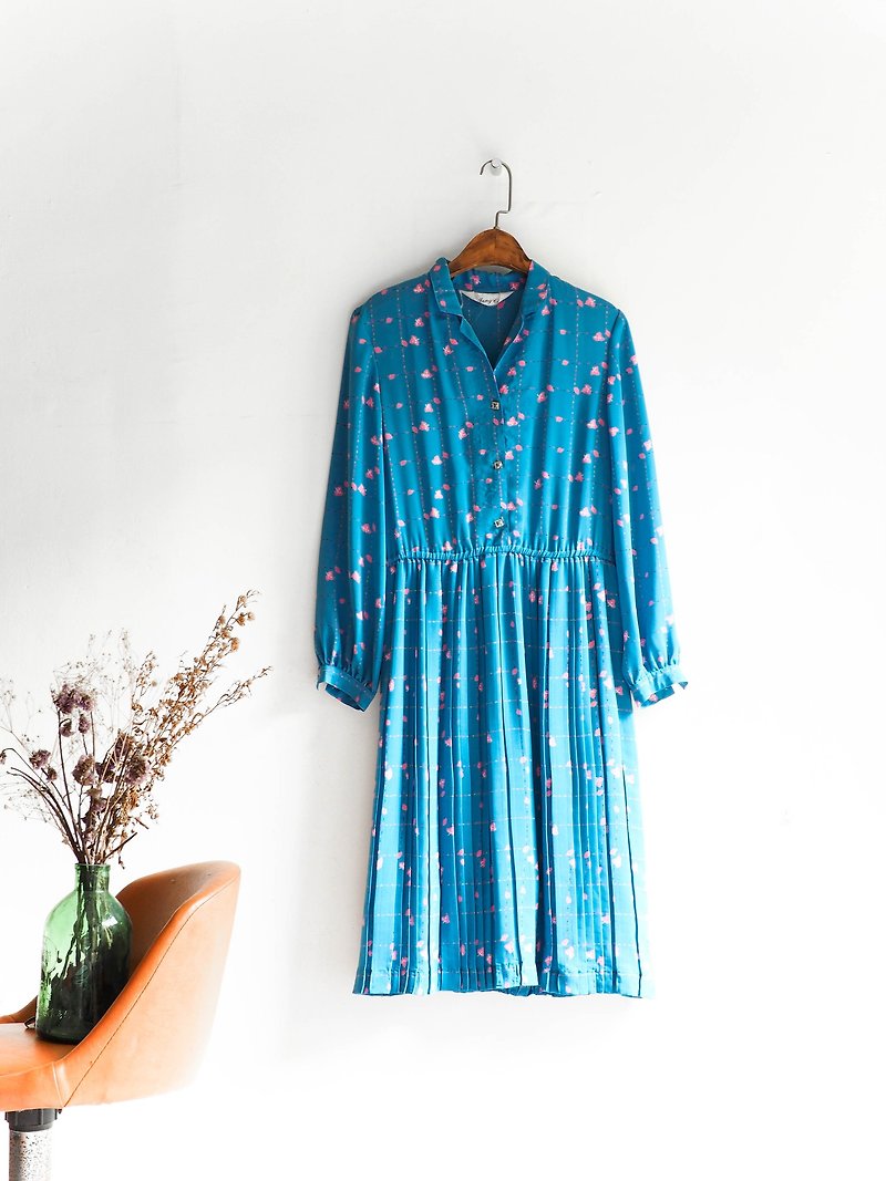 Kawaguchi - Hyogo blue cherry blossoming fall autumn girl antique one-piece silk skirt dress overalls oversize vintage dress - One Piece Dresses - Polyester Blue
