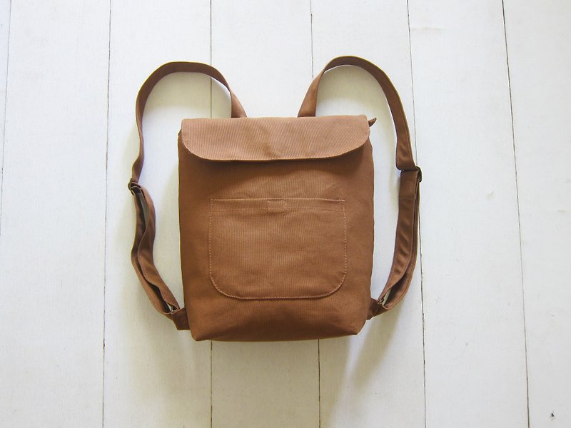 Canvas Backpack- Small (Patch Pocket  ) - Brown + Creamy-White - Backpacks - Cotton & Hemp Brown