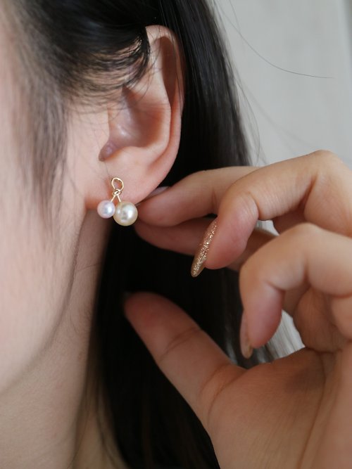 KOKO PEARL JEWELRY 日本製 10k akoya珍珠耳釘 櫻桃設計小價位耳釘 白黃雙色珍珠耳釘