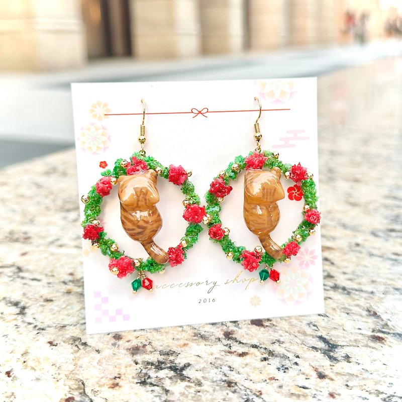 【SGS Safety Certification】Christmas Kitten Wreath (Orange Cat) - Earrings & Clip-ons - Other Materials Multicolor