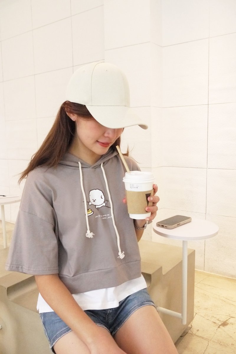 狗狗阿綿蛋糕-層次感短版帽T(可可咖) - 女 T 恤 - 棉．麻 卡其色