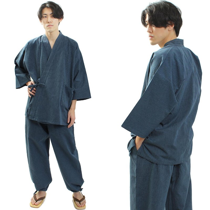 日本 和服 綿 作務衣 居家服 套裝 Sashiko 工藝 M L LL 藍 - 居家服/睡衣 - 棉．麻 藍色