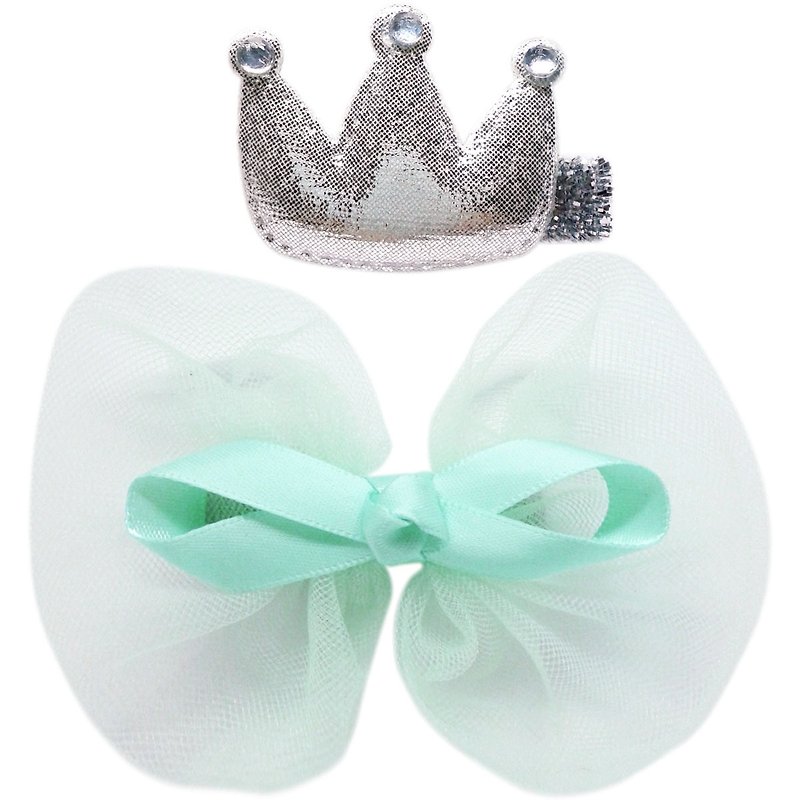 Crown and chiffon bow hairpins in two sets, all-inclusive cloth handmade hair accessories Crown & Bow-Mint - เครื่องประดับผม - เส้นใยสังเคราะห์ สีเขียว