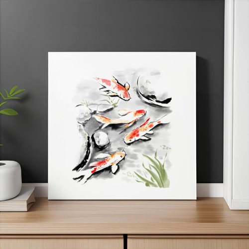 Art Rei 水墨畫印刷牆飾 鯉魚錦鯉 漂亮的牆面藝術 現代簡約主義無框畫
