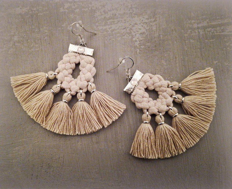 Nude Cotton Tassels Fan Earrings Champagne Boho Sand Fringes Gift for Her - Earrings & Clip-ons - Thread Khaki