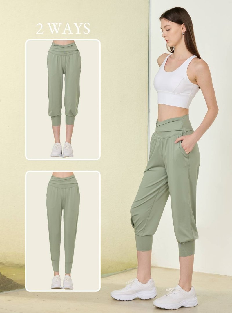 【S2N】SMALL TALK 斜摺兩穿休閒褲_Sage Green B516 - 瑜珈服/瑜珈褲 - 尼龍 綠色