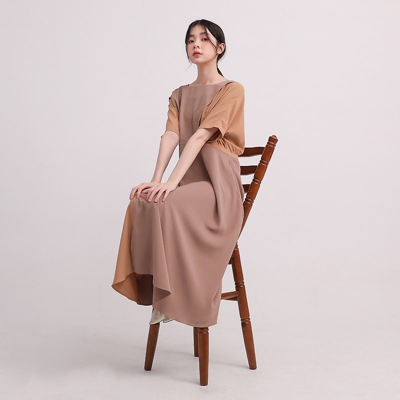 Xinfei_Heart Wave Dress_21SF107_Romantic Brown - One Piece Dresses - Polyester Brown